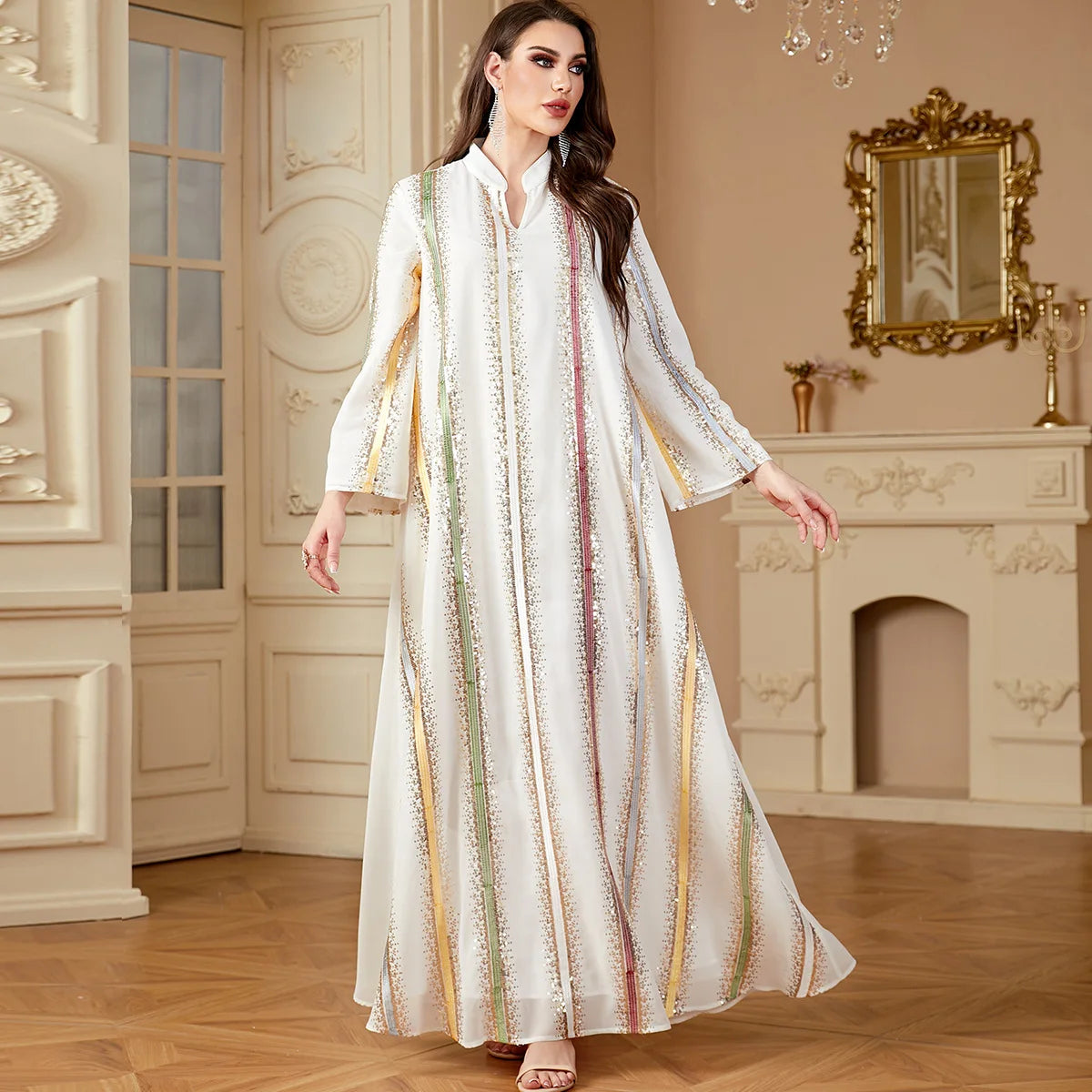 Elegant Ethnic Design Long Abaya Embroidery Ramadan Kaften Chiffon Muslim Dress