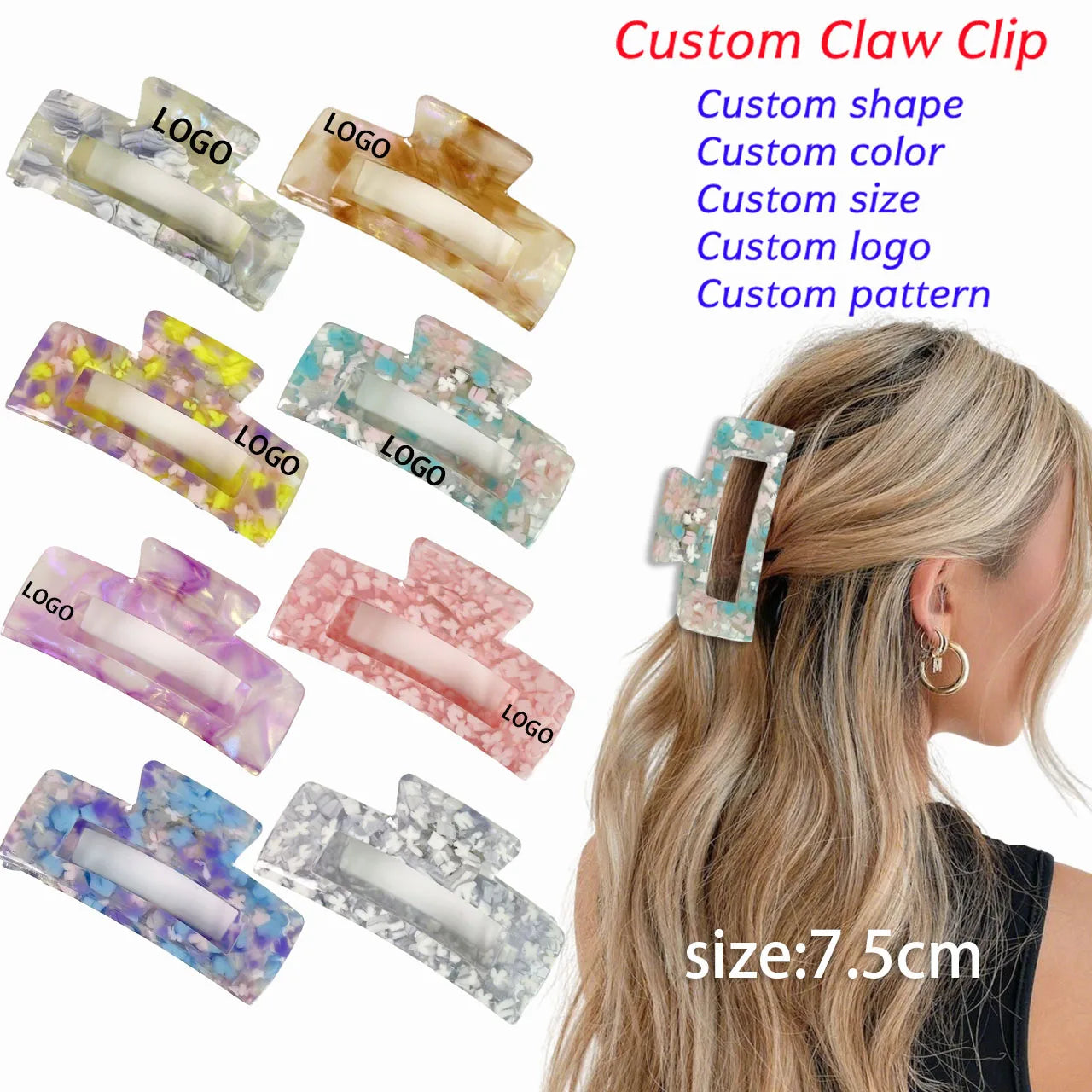 7.5cm Custom Logo Color 2026 Colorful Floral Acetate Hair Claw Minimalist Women Acetate Hair Clip Hair Accessory