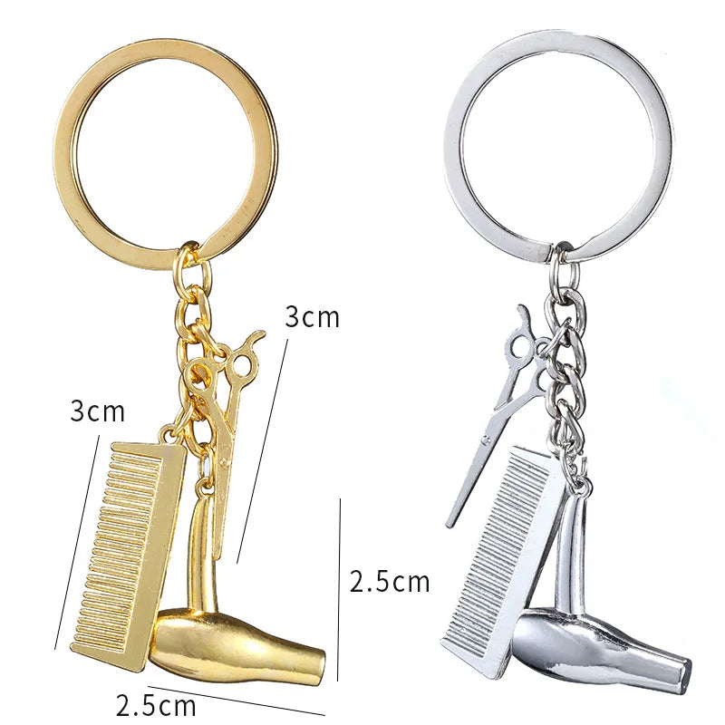 Barber Key Chains Holder Hair Stylist Key Ring Scissors Hair Blower Dryer Comb Pendant Keyring Hairdresser Key Chain
