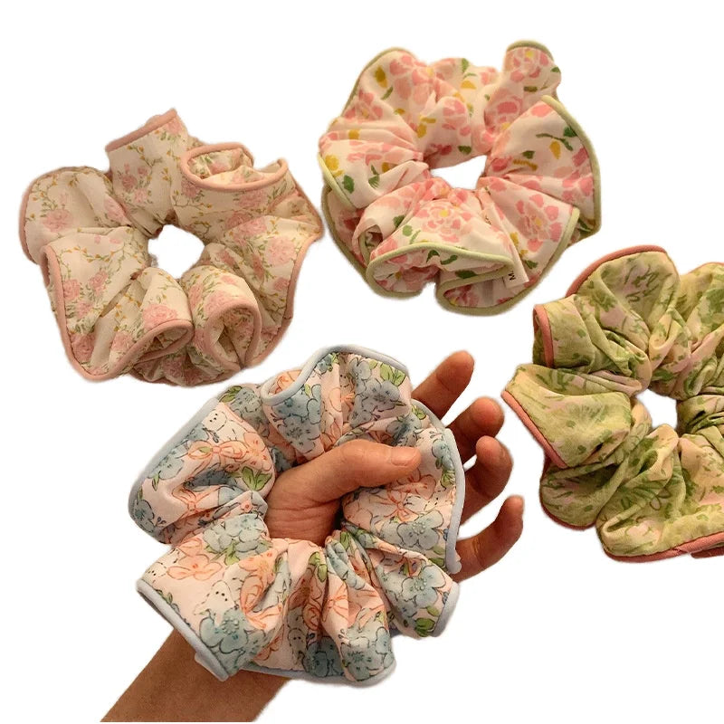 Wholesale New Fashion Large Floral Print Hair Accessories Satin and Silk Fabric Scrunchies for Girls