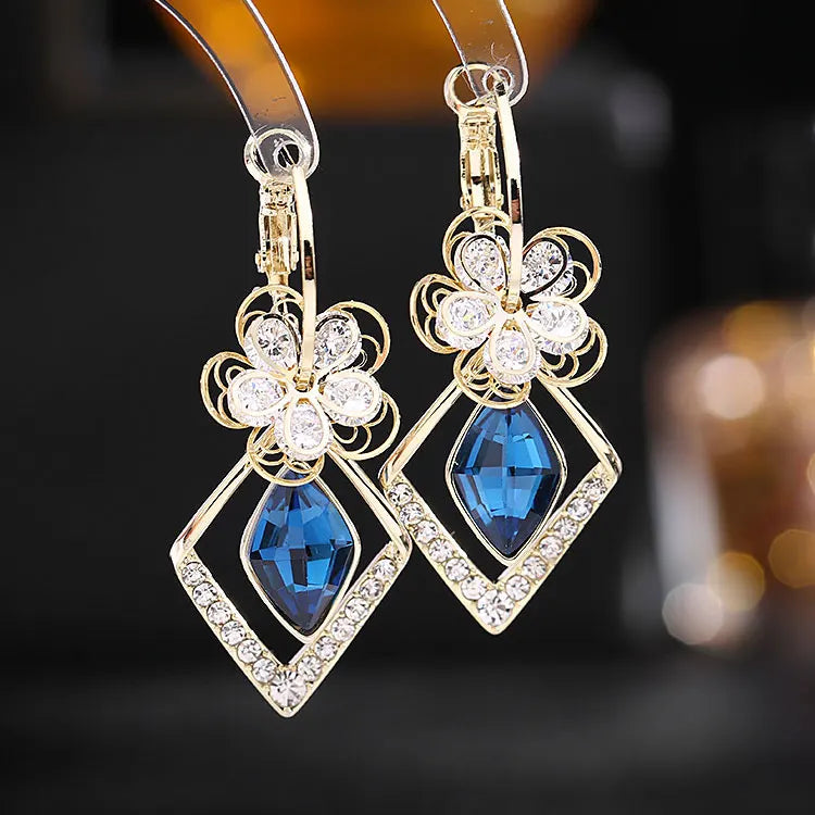 SC Fashion Korean Jewelry Earrings Detachable Zircon Flower Dangle Earrings 2022 Luxury Rhombus Blue Crystal Drop Earrings Women