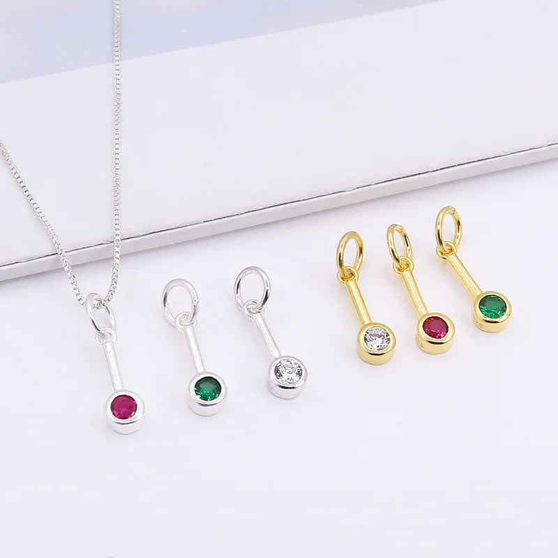 Dainty S925 Sterling Silver T Bar Pendant With Green Zircon Round Charm for Necklace Making Finding