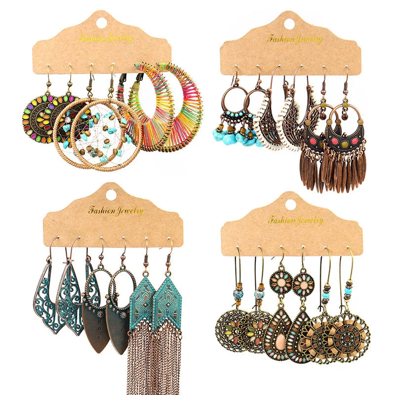 Hot Sale Antique Copper Plated Bohemian Style Earrings Vintage 3-Pair Set of Long Big Hoop Pendant for Women Jewelry Accessories