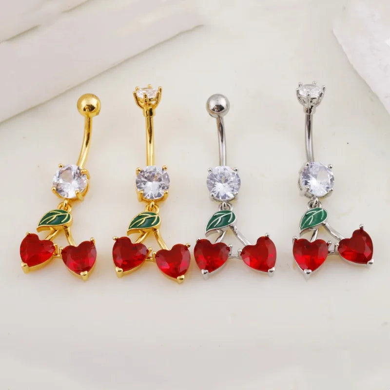 Gaby 316L Stainless Steel Belly Button Rings Cherry Design Rhinestones Gold Rhodium Piercing Jewelry Weddings