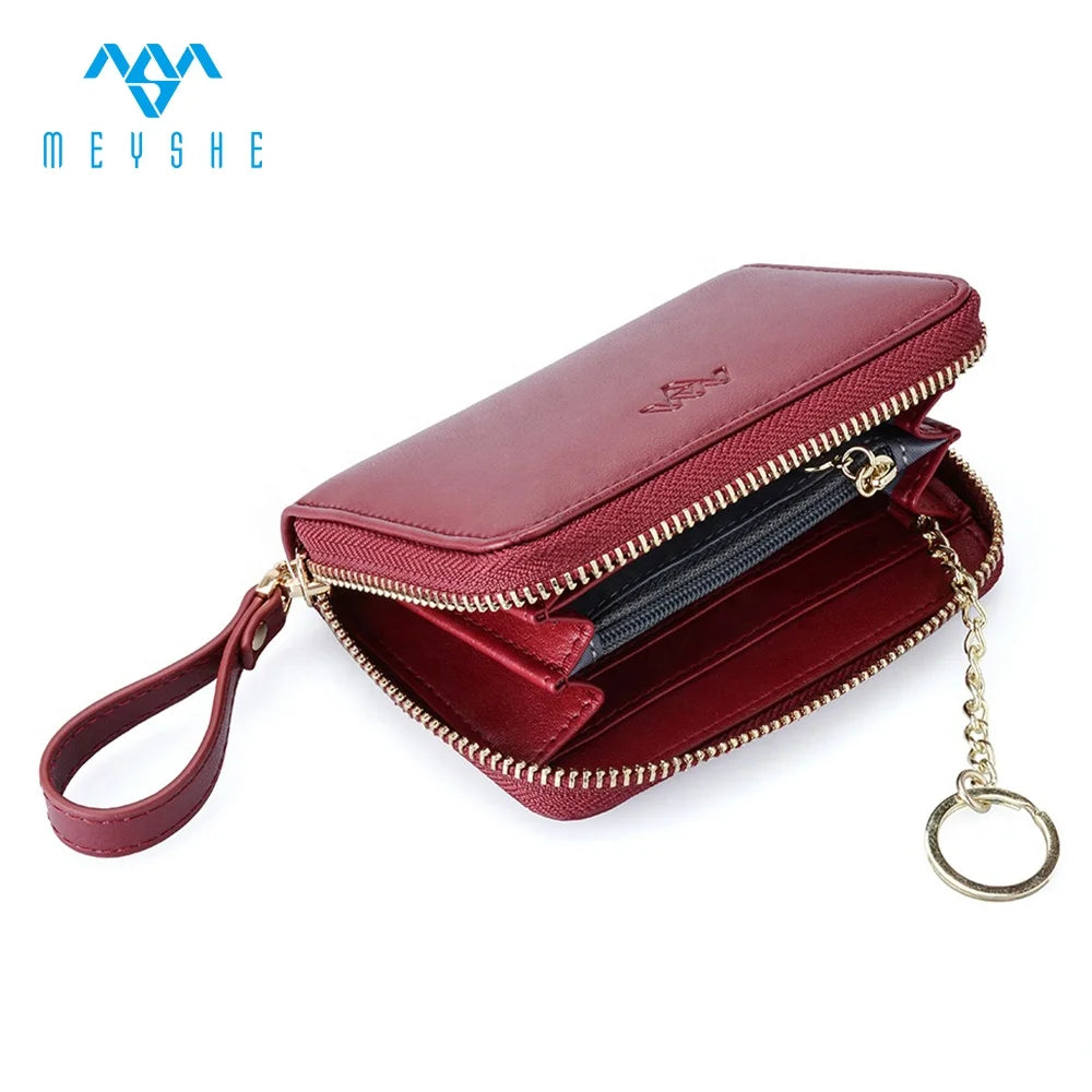 Small Women's Genuine Leather Wallet with Zippered Coin Purse Zippered Credit Card Holder and Keychain Letter Pattern Style