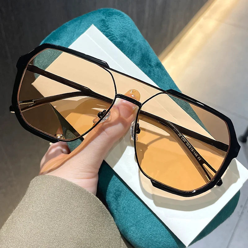 Logo Custom 2025 Trendy Transparent Oversized Sun Glasses UV400 Double Bridges Large Frame Polygon Sunglasses for Men Women