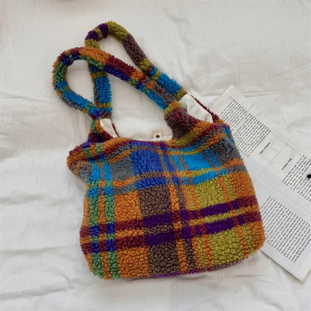 Winter Plaid Women's Plush Shoulder Bags Vintage Leopard Ladies Furry Handbags Large Capacity Female Faux Lamb Wool Tote Bag