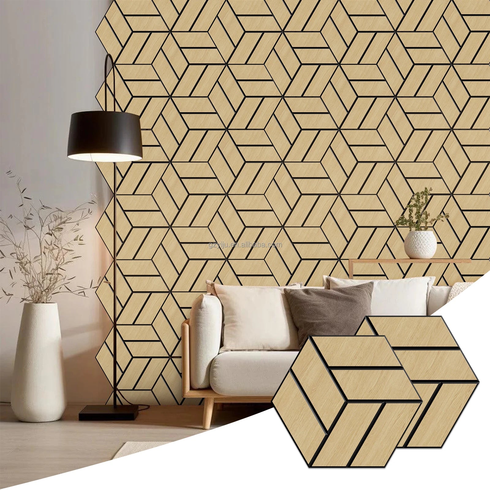 Yiju Modern Wood Veneer Acoustic Hexagon Felt Slat Decorative Wall Panel Eco-Friendly Soundproof