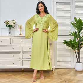 Arabic Women Clothing Chic Hot Fix Rhinestone V-Neck Long Sleeve Muslim Dubai Party Evening Dresses Embroidery Eid New Abaya