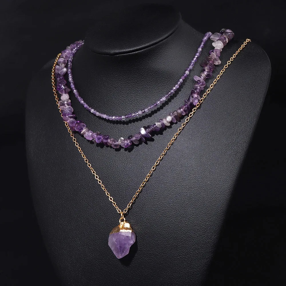 3pcs/set Raw Amethyst Pendant Multi-Layer Necklace Chain Vintage Crystal Beaded Necklace Stone Gravel Clavicle Chain Necklaces
