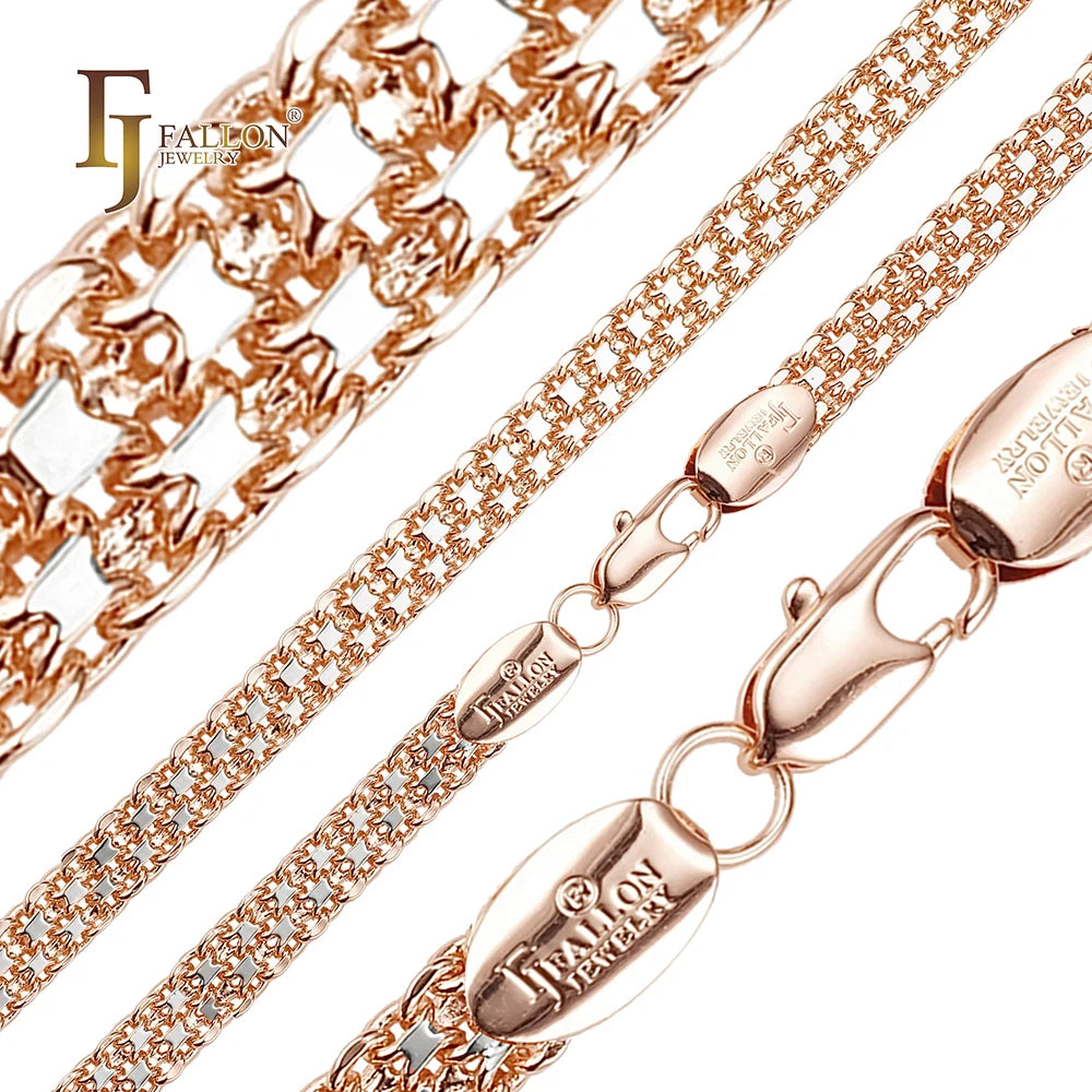 7.6mm FJ Fallon Fashion Jewelry Bismarck Weaving Triple Link Chain Bracelets Plated in Rose Gold Two Tone Brass Based