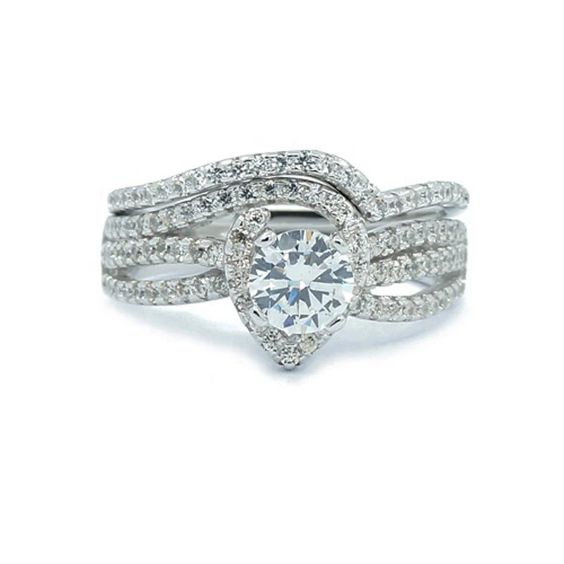 Wholesale 925 Sterling Silver 2 Piece Ring Set with Cz Stone Wedding Jewelry Ring