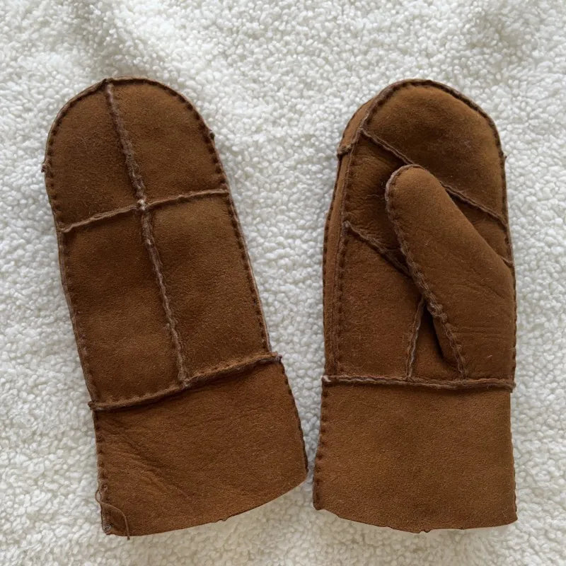 Sample Support Hot Sale Winter Warm Sheepskin Double Face Curly Shearling Wine Red Leather Glove Double Faced Sheepskin Mittens