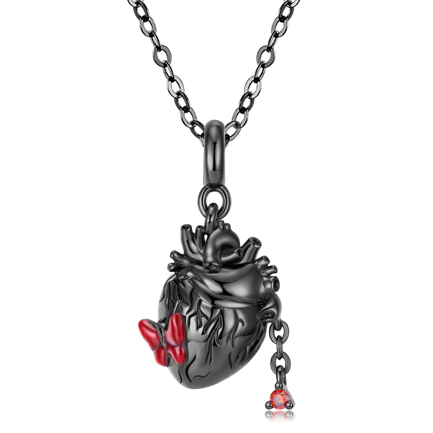 Black Gold Heart & Blood Butterfly Pendant Necklace Real 925 Sterling Silver Chain Necklace for Women Fine Jewelry Accessory