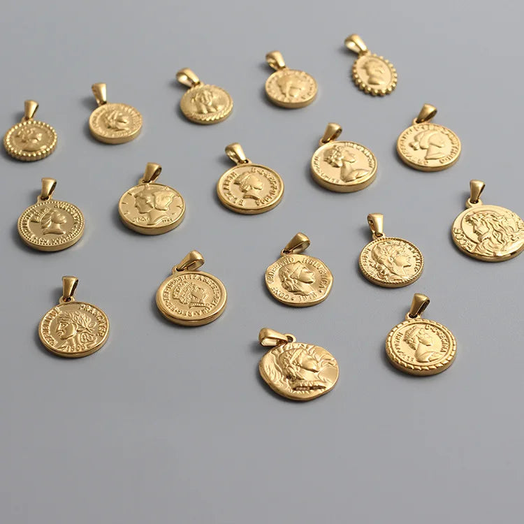 Stainless Steel 18K Gold Charms DIY Ancient Roman Gold Coin Queen Elizabeth Pendants