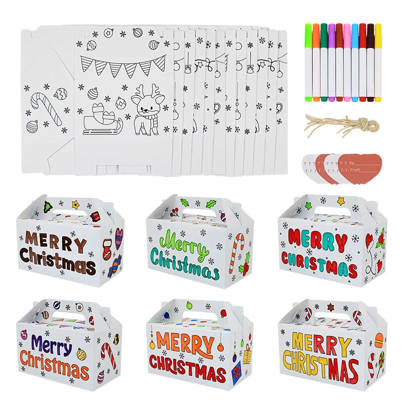 Christmas Gift Boxes Xmas Paper Recyclable Treat Cookie Boxes DIY Color Your Own Goodie Boxes 10 Marker Pens Kids' Holiday Sugar