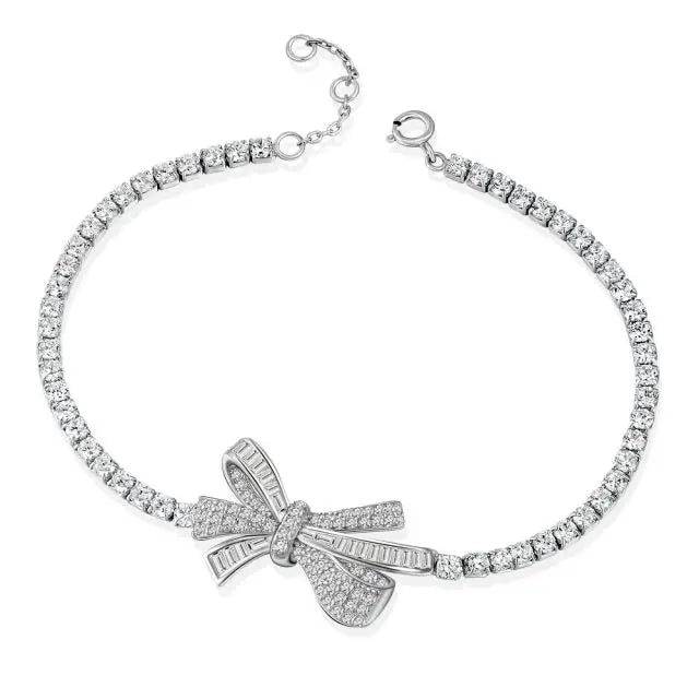 925 Sterling Silver Bowknot Bracelet for Women Shiny Zircon CZ Bow Tennis Adjustable Bracelet for Women