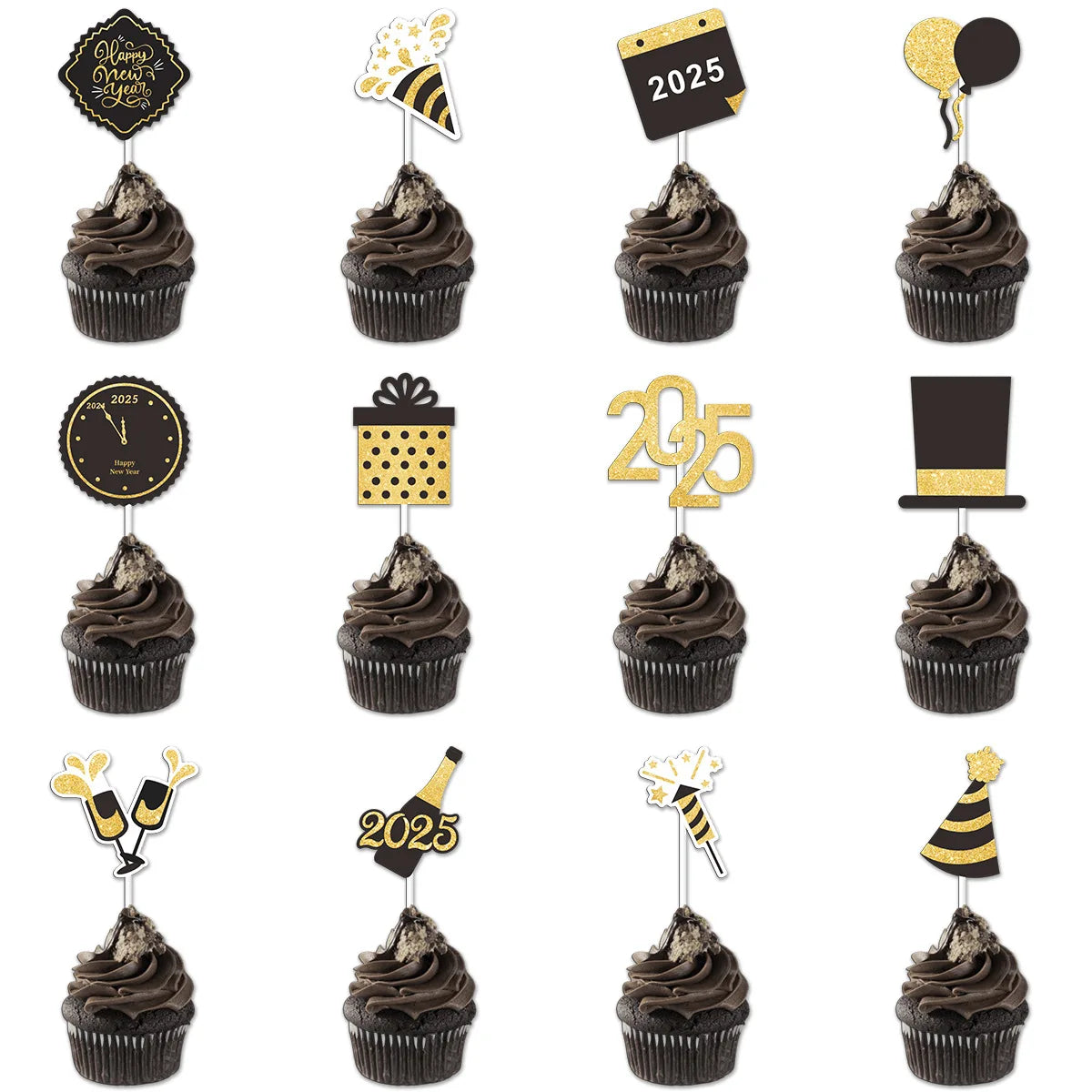 12Pcs New Year Party Cupcake Toppers Black Gold Cap Cheers to 2025 Party Decoration for New Years Eva Party Favor Supplies J028
