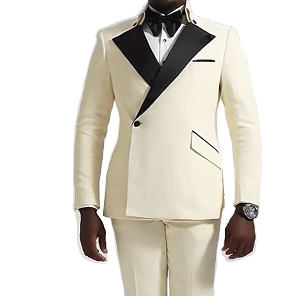 Fashion Beige Full Men's Suit 2 Piece Set (Jacket+Pant) Regular Fit Dress Suits for Man Elegant Blazer Clothing Chaqueta Hombre