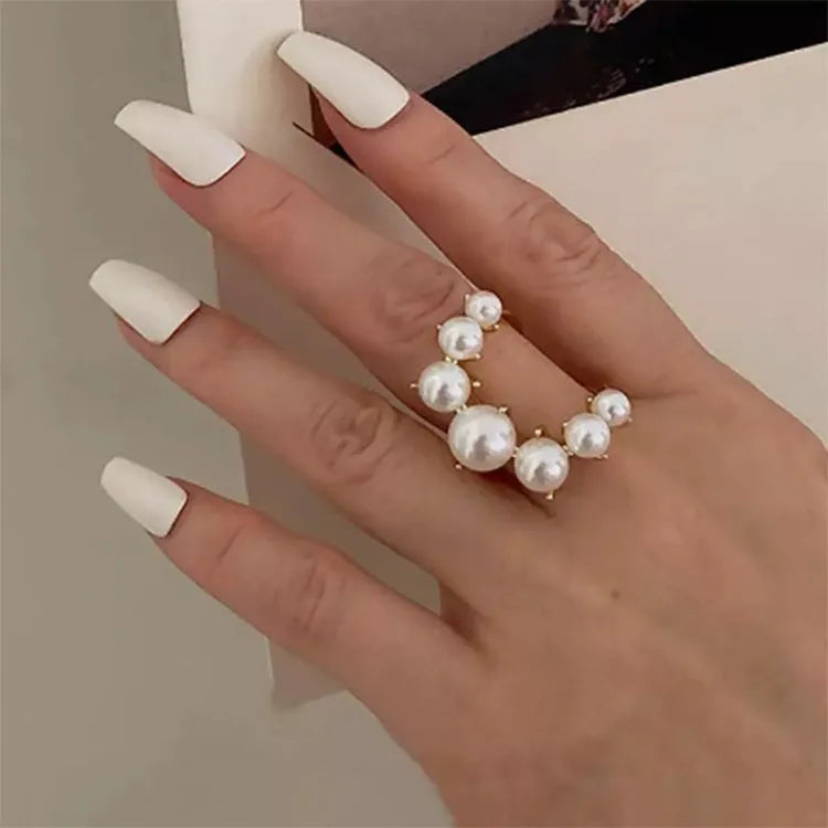 2025 Fashion Geometric Pearl Paved Rings Personality Statement Open Adjustable Ring