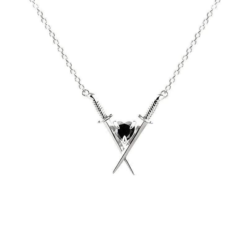 SC New Trendy Crossed Swords Heart Necklace Heart Crystal Pendant Necklace Silver and Gold Plated Heart Necklace for Women
