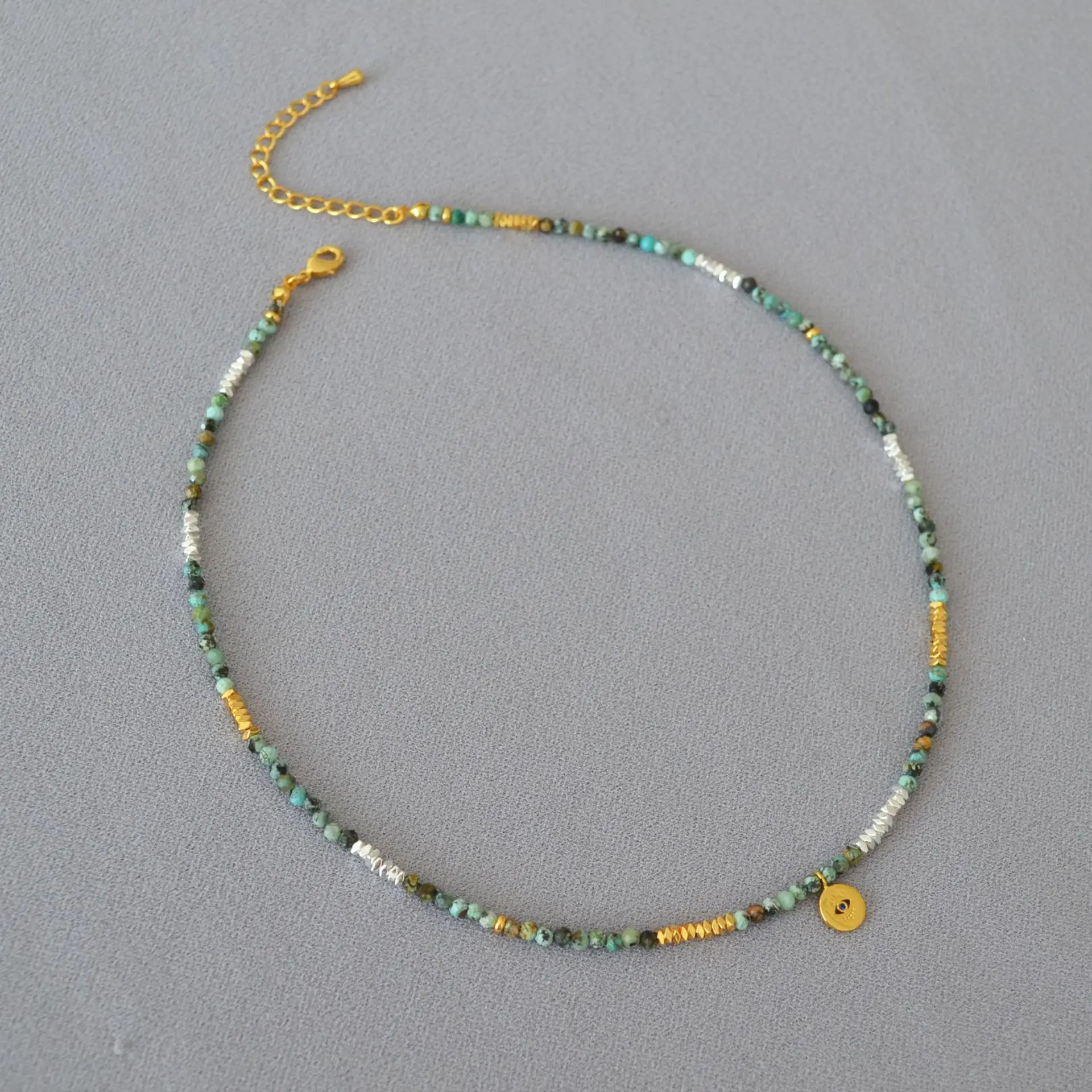 Vintage Turquoise Crushed Silver Beaded Necklace Personalized Turkish Eyes Brass Coin Pendant Stacking Necklace