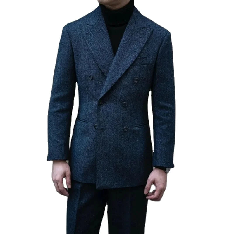 Dark Blue Business Men Suits Blazer 2Pcs Wedding Coats Tweed Woolen Tuxedo Wedding Party Groom Suits Costume Homme