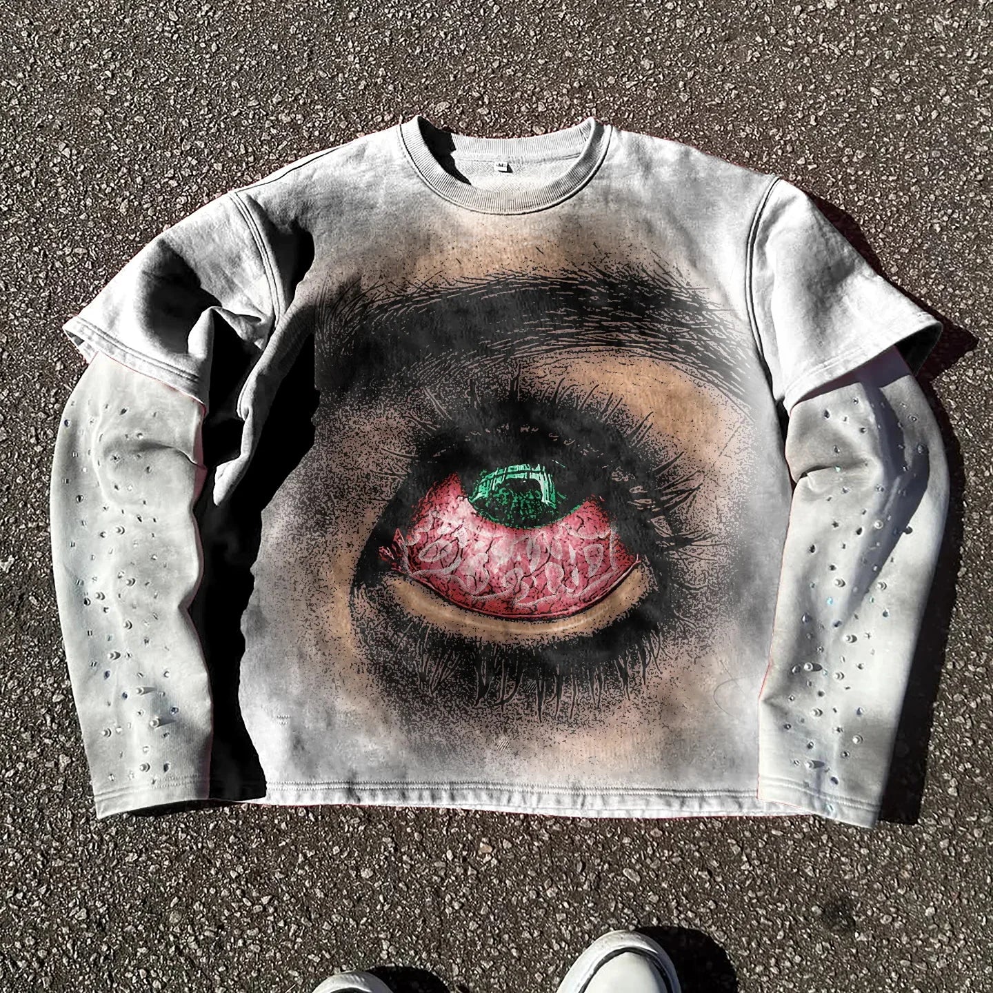 Custom Men Streetwear Distressed Dtg Print T-shirts Manufacturer Oversized Rhinestone Long Sleeve Double Layer t Shirt