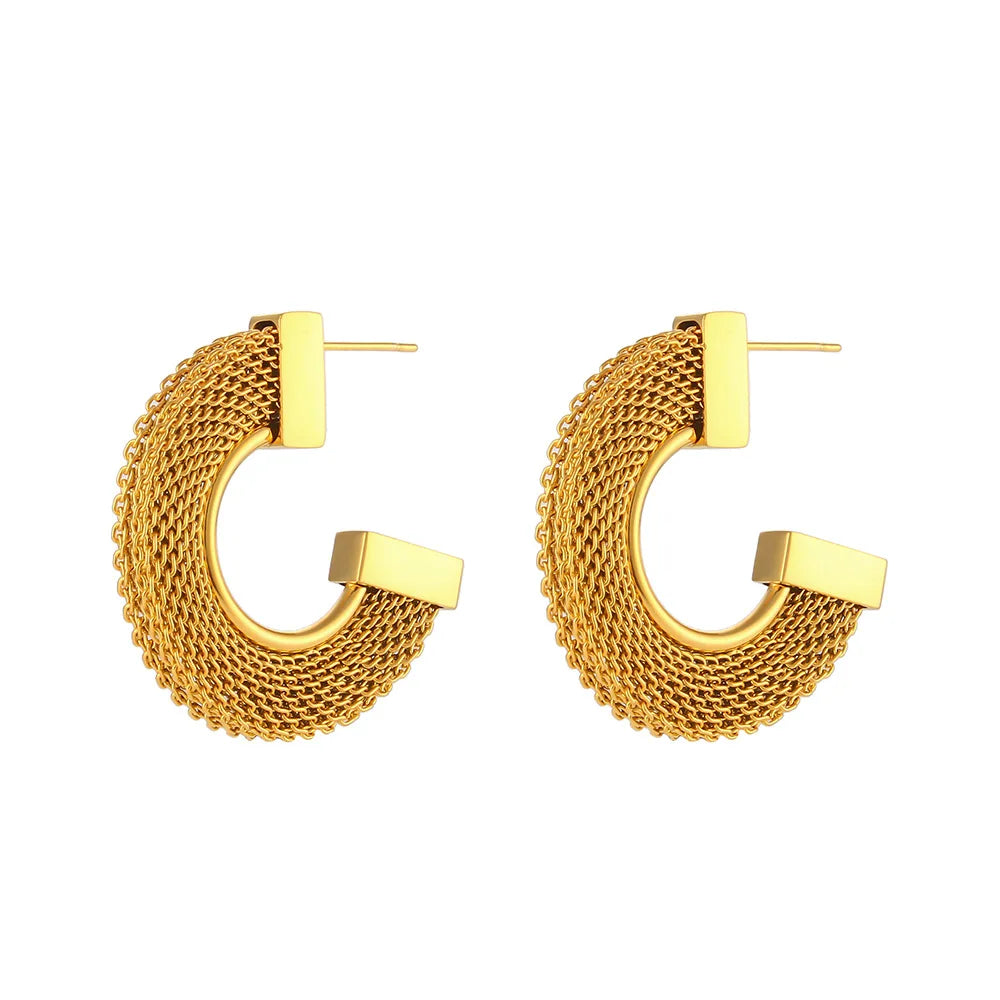 Hot Selling Jewelry Woven Mesh Wide C-shaped Earrings Waterproof Stainless Steel Plated with 18K Gold Personality