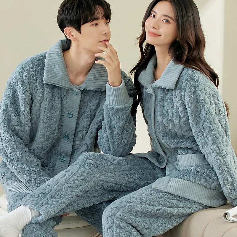 Men Blue Fleece Pajamas Heavy Weight Turn-down Collar Sleep Wear for Men Two-piece Set Button Down Pajamas Unisex