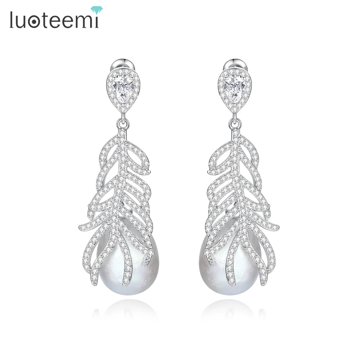 LUOTEEMI Wedding Fashion Jewelry Zircon Bridal Earing Woman Drop Elegant Trendy Cz Feather Earrings