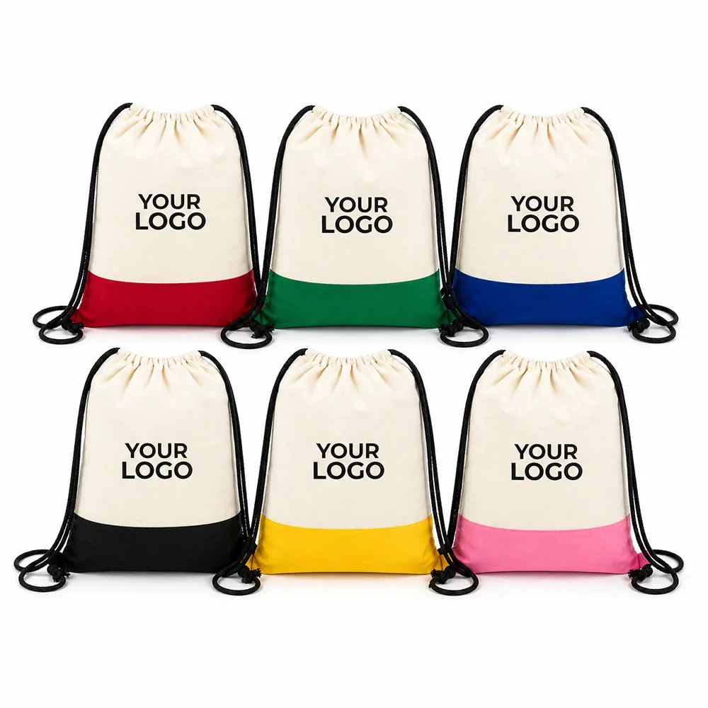 OEM Custom Logo Canvas Drawstring Backpack Contrast Color Promotional Bag for Cultural Event and Sports Club