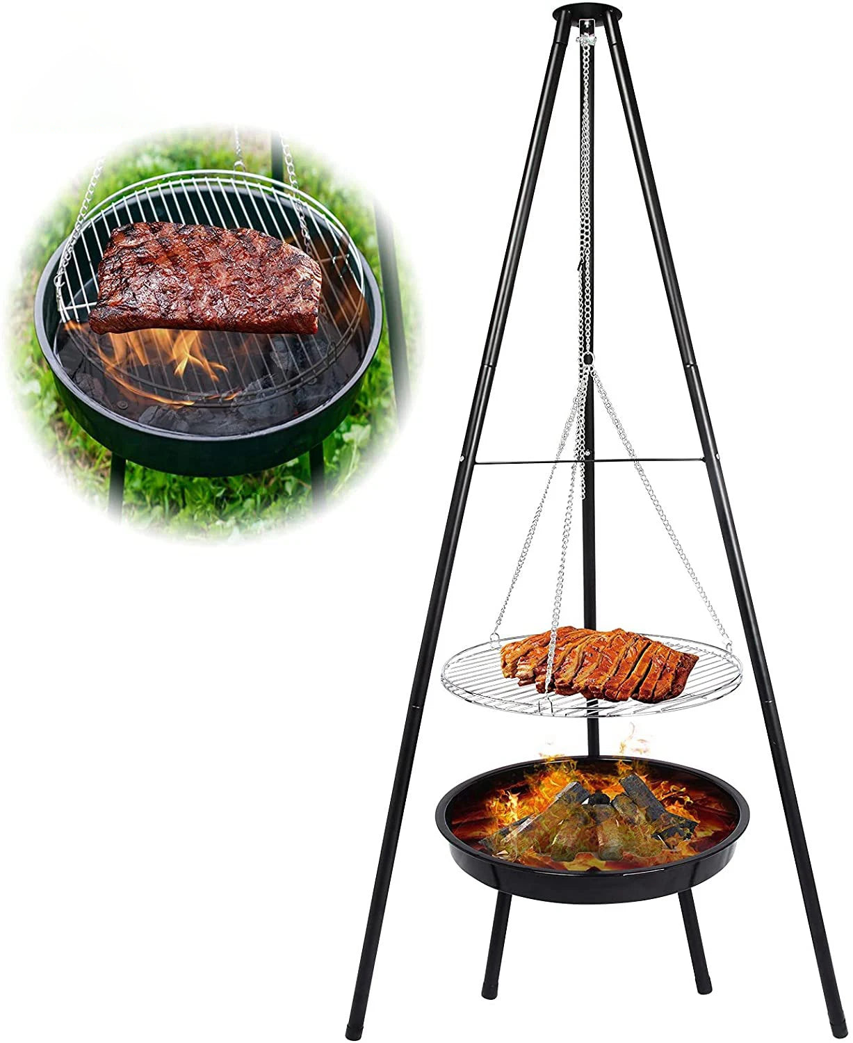 Adjustable Detachable Suspended Fire Pit Outdoor Charcoal and Wood Burning Tripod for Camping