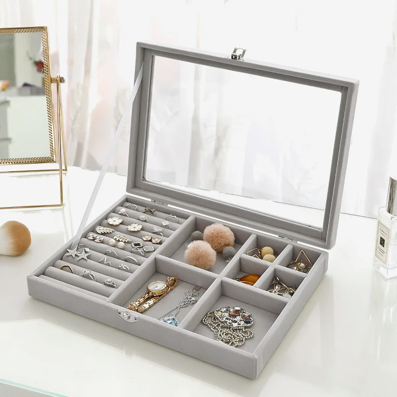 Velvet Glass Ring Earring Jewelry Display Organizer Box Tray Holder Storage Case