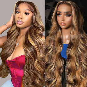 Honey Blonde Body Wave Highlight Color Wig 13x4 Lace Front Wigs Human Hair 180 Density Raw Virgin Frontal Lace Wigs for Women