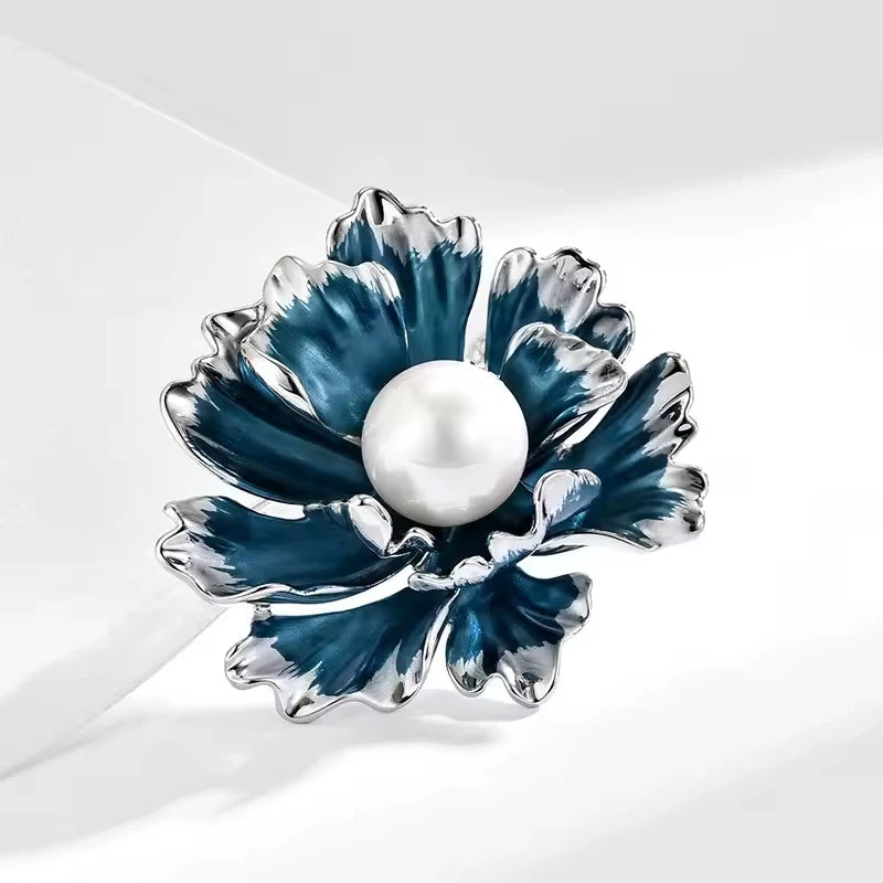 Fashion Clothing Jewelry Copper Rhodium Plated Enamel Flower Synthetic Pearl Brooch
