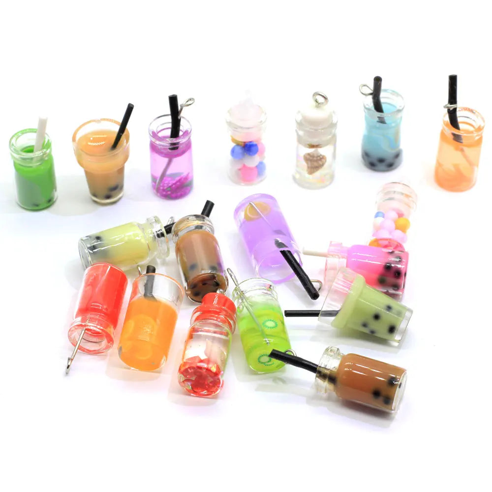 3D Pearl Milk Tea Bottle Resin Charms Drink Cups Doll House Miniatures Kawaii Cabochons Kitchen Figurines