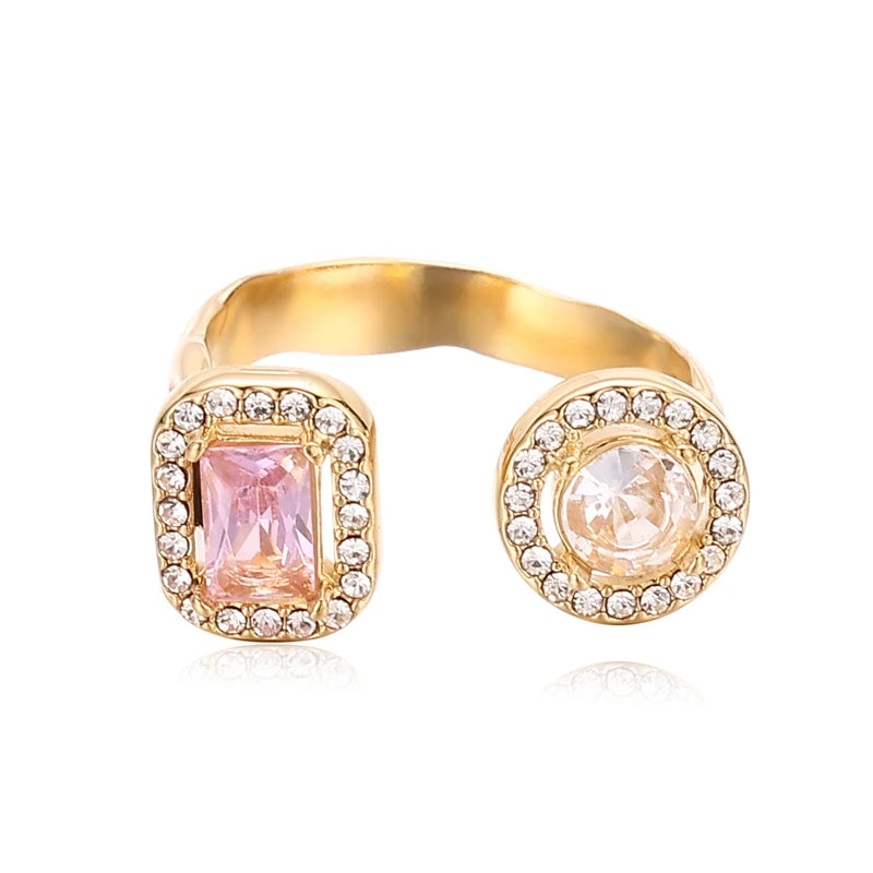 Hot Selling Colorful Gemstone Ring Diamond Cut Zircon Inlaid Waterproof 18K Gold Plated Stainless Steel Open End Ring for Women