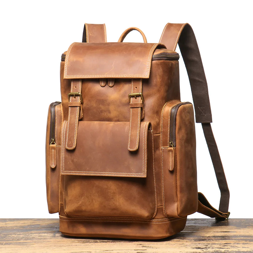 Wholesale Custom Fashion Genuine Leather Men's Backpack Bag New Design Vintage Style Zipper Waterproof Polyester for School Use