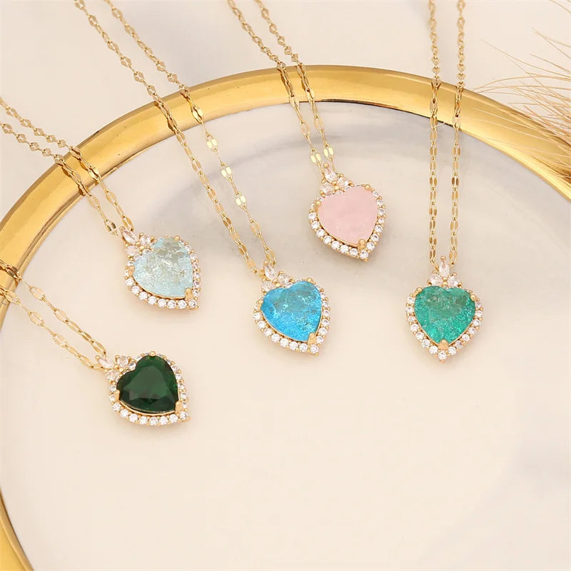 2023 New Trendy Wedding Crystal Heart Pendant Necklace Gold Plated Link Chain
