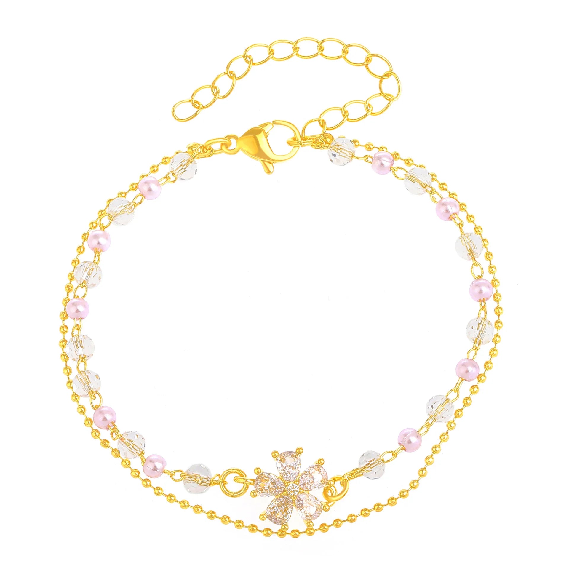 AA00499 Double-layer Crystal Flower Bracelets Shinny Copper Charmed Bracelets Zircon Pearl Bracelets for Woman