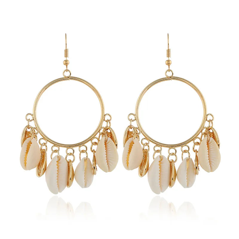 Bohemian Gold Plated Natural Sea Shell Circle Tassel Earrings Statement Cowrie Shell Earring for Women