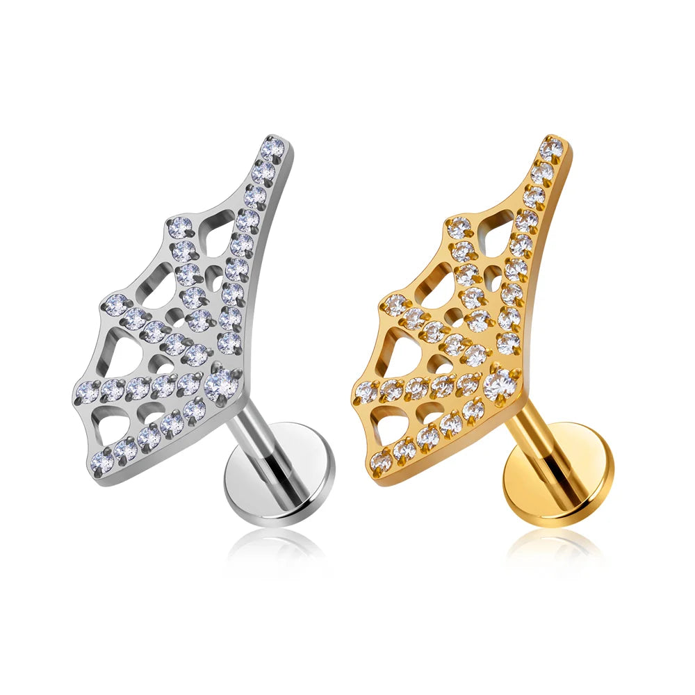 G23 Titanium Body Piercing Jewelry ASTM F136 Fan Shape Zircon Inlay Nose Stud Earrings Labret 16G Punk Style Engagement Wedding