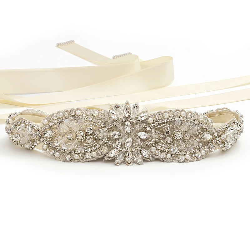 Hot Sale Crystal Rhinestone Belt Sash White Satin Wedding Dress Decoration Rhinestone Bridal Applique