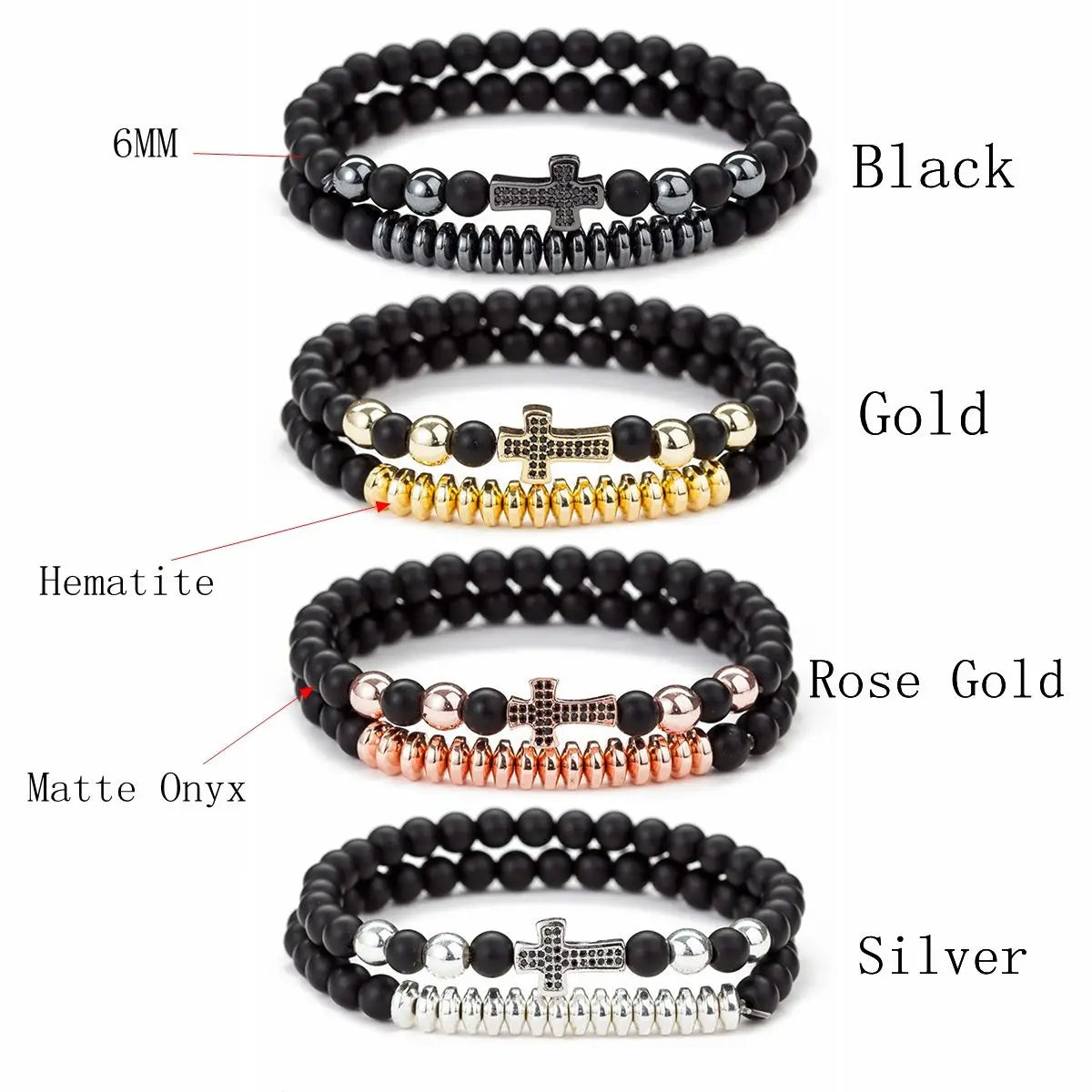 2Pcs Cross Beaded Bracelets Set for Women Men 6MM Stone Stretch Bracelet Black Beads Jewelry Couple Set Friendship Bangle Boy