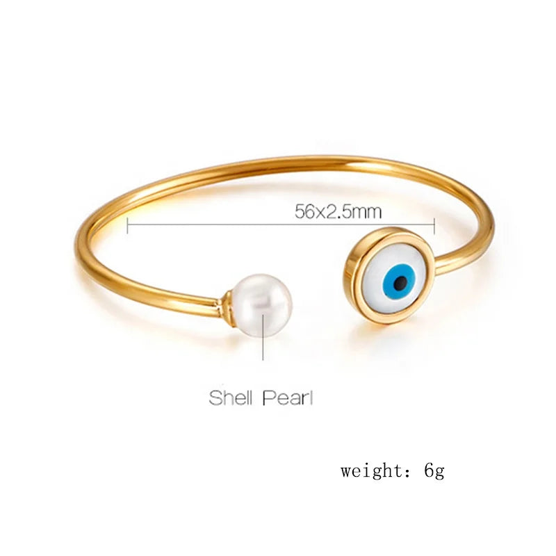 Gold Plated Shell Pearl Evil Eye Open Cuff Bracelet Bangles Adjustable Stainless Steel Turkish Blue Eye Bangle for Women