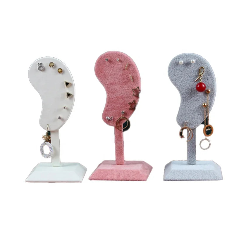 Retail Ear Shape Velvet/PU Leather Handmade Jewelry Display Stand Holes Earring Organizer Holder Custom Logo Display Prop for