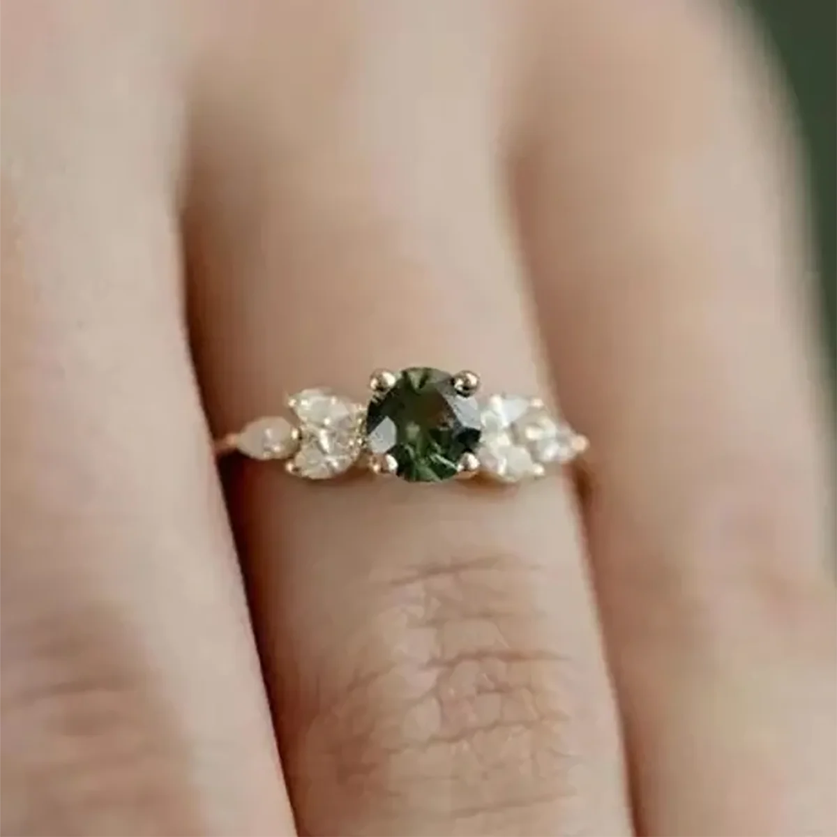 Huitan S925 Wholesale New Design Marquise Cut Zircon Green Crystal Gold Plated Rings for Women Wedding 925 Ring Sterling Silver