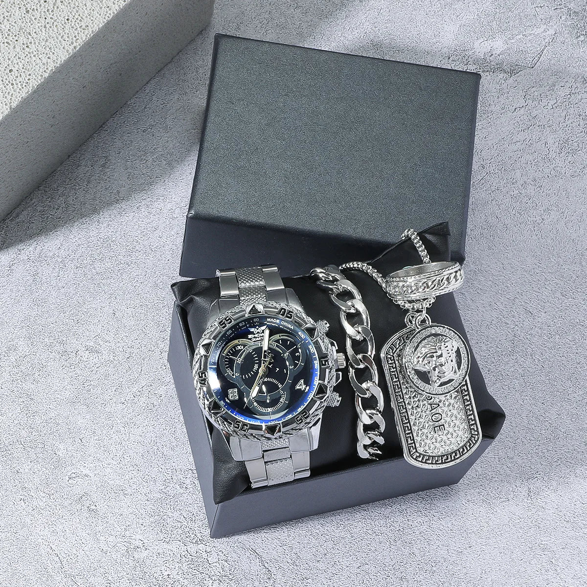 Cross-border Mens Business Quartz Glass Wristwatch Large Dial Three Sub-dials Steel Band; Necklace Bracelet Set MegaBDM