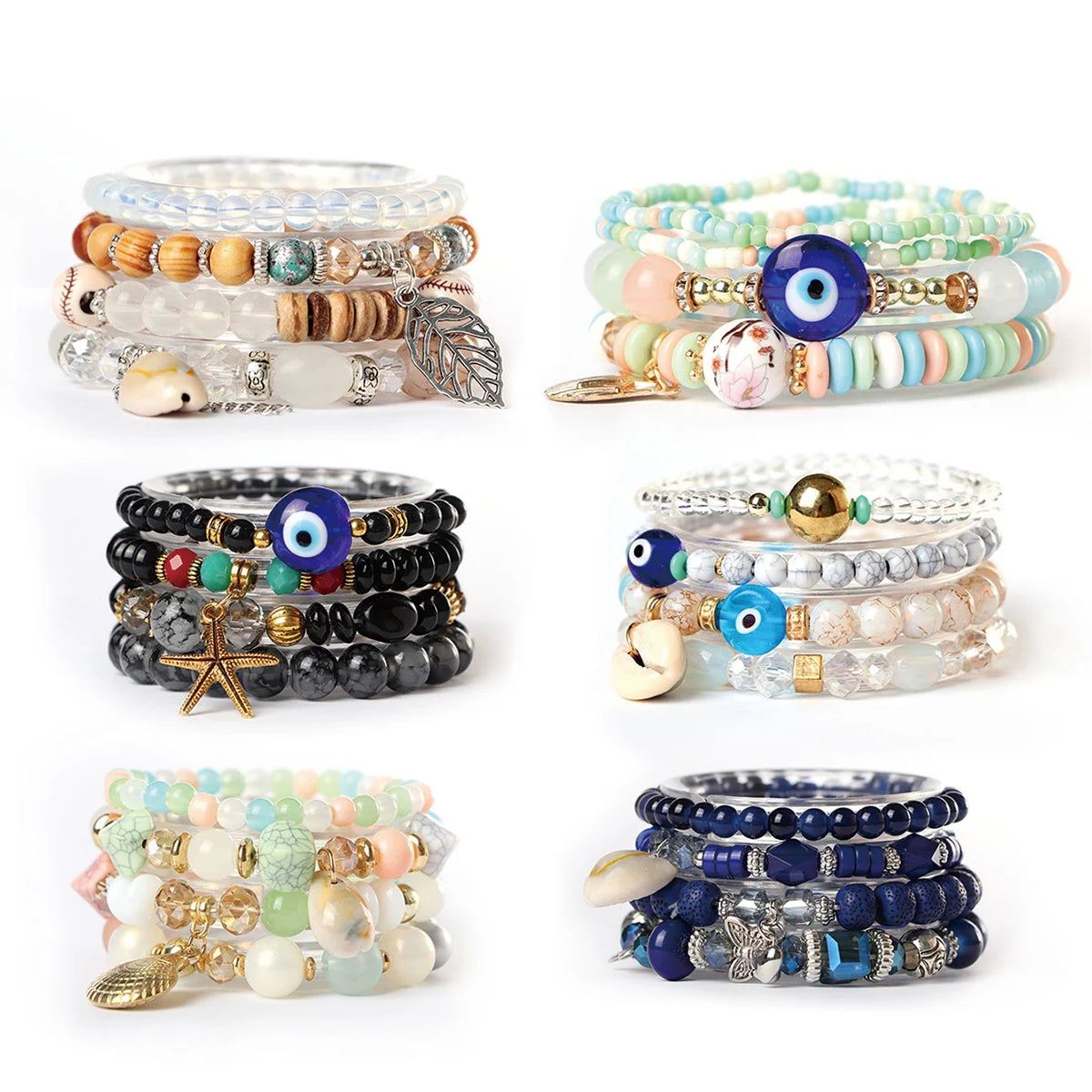 2025 Trendy Bohemia Sea Jewelry Women Shell Charms Starfish Pendant Elastic Beaded Stack Bracelet Sets for Men Gift